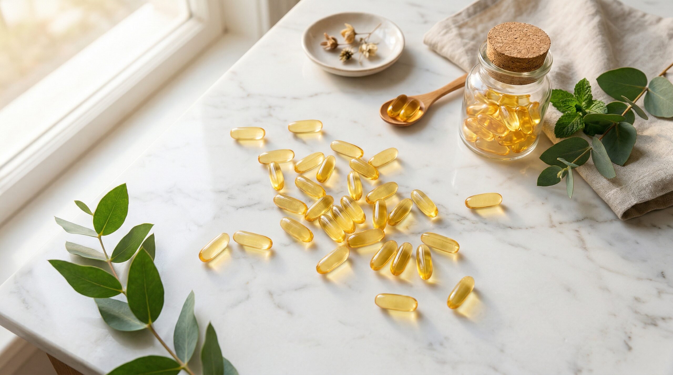 Best mitochondrial health supplements - golden supplement capsules on marble surface